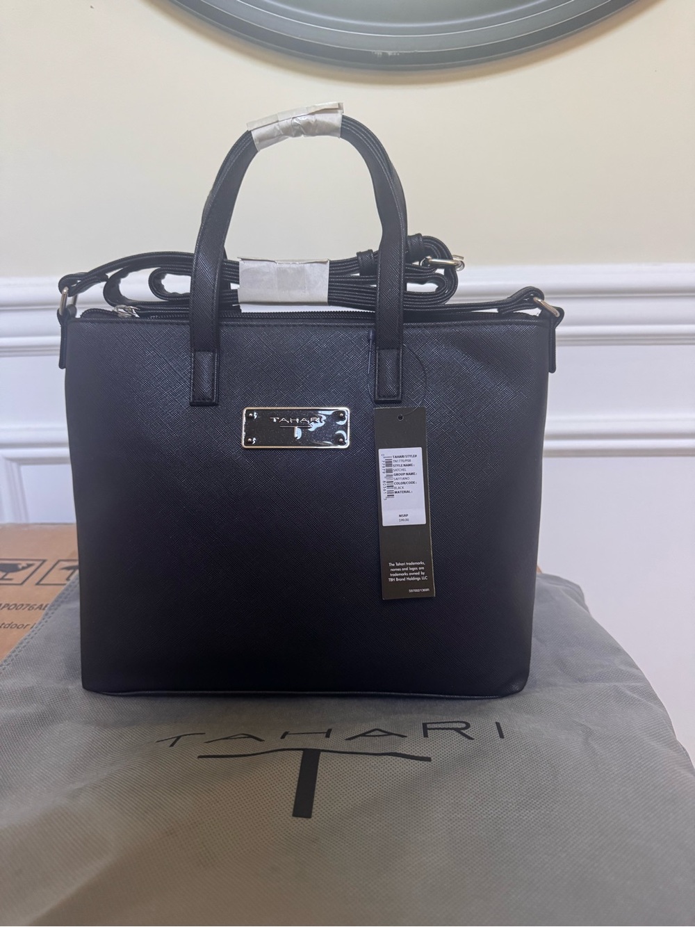 Tahari Black Textured Hand bag/ Satchel with Plaque Saffiano